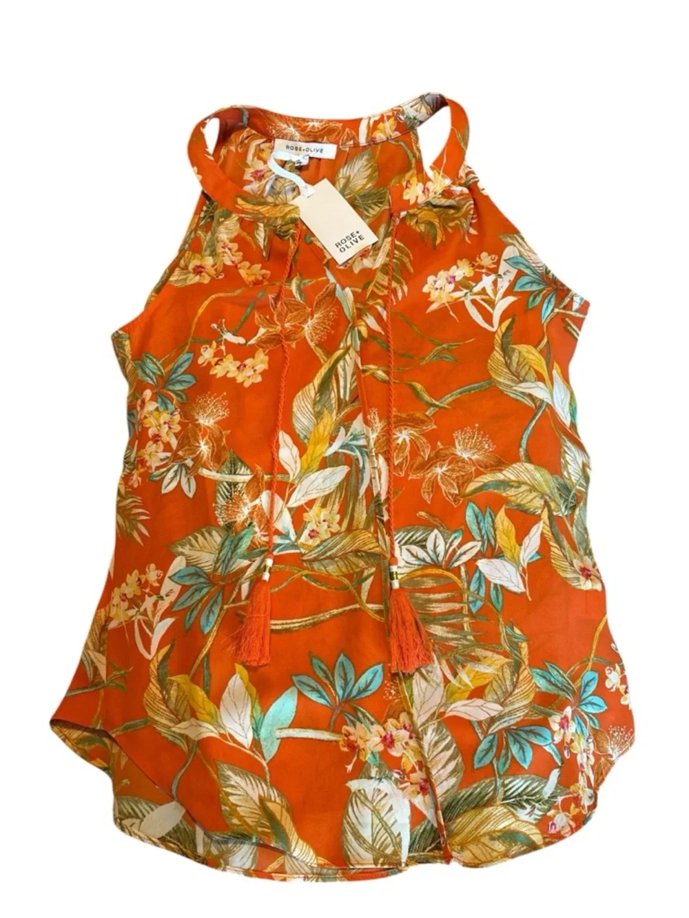 Rose & Olive Orange Floral Halter Tank with Tassel Tie